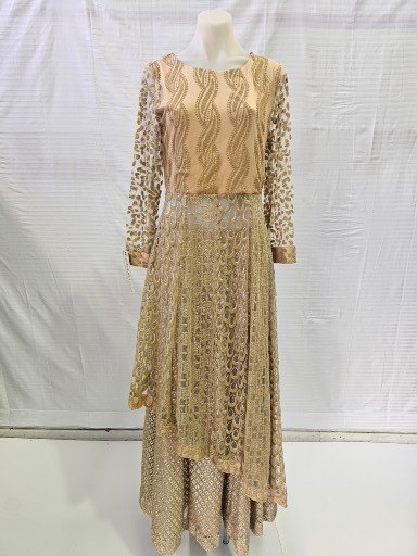 Designer Golden Net Lehenga With Side Tail