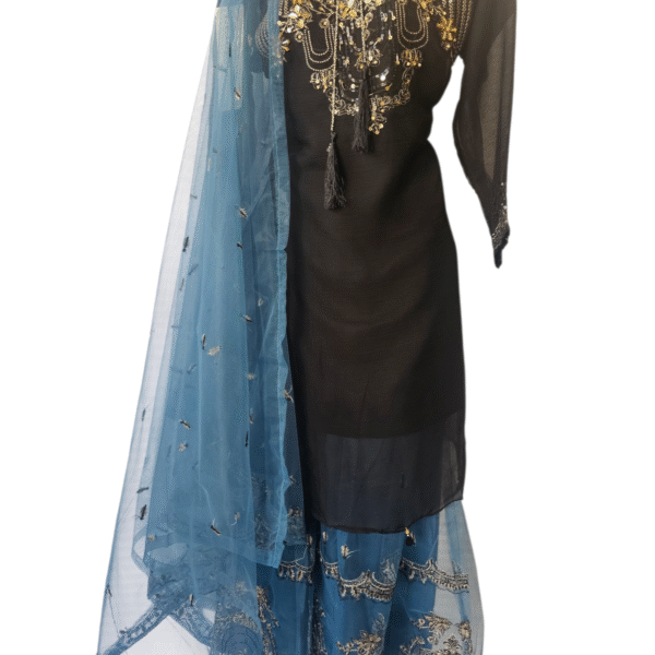 Elegant Net Embroidered 3-Piece Sharara Suit – Blue and Black