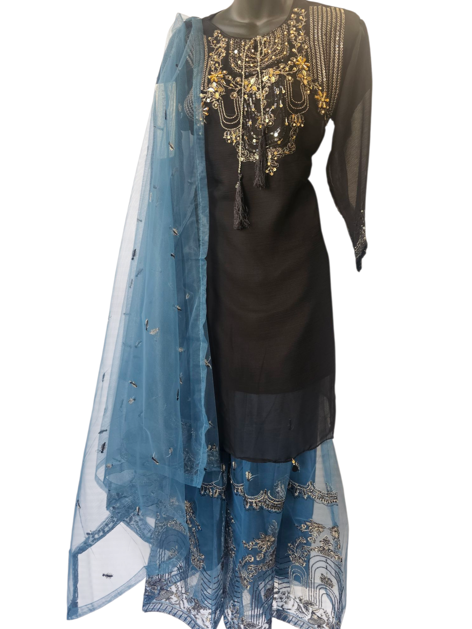 Elegant Net Embroidered 3-Piece Sharara Suit – Blue and Black