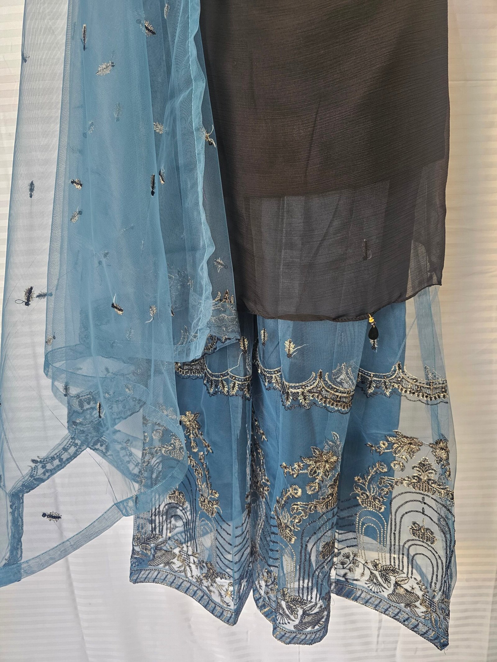 Second image of Elegant Net Embroidered 3-Piece Sharara Suit – Blue and Black