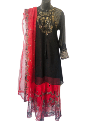 Luxury Net Embroidered 3-Piece Sharara Set with Handwork – RED and Black