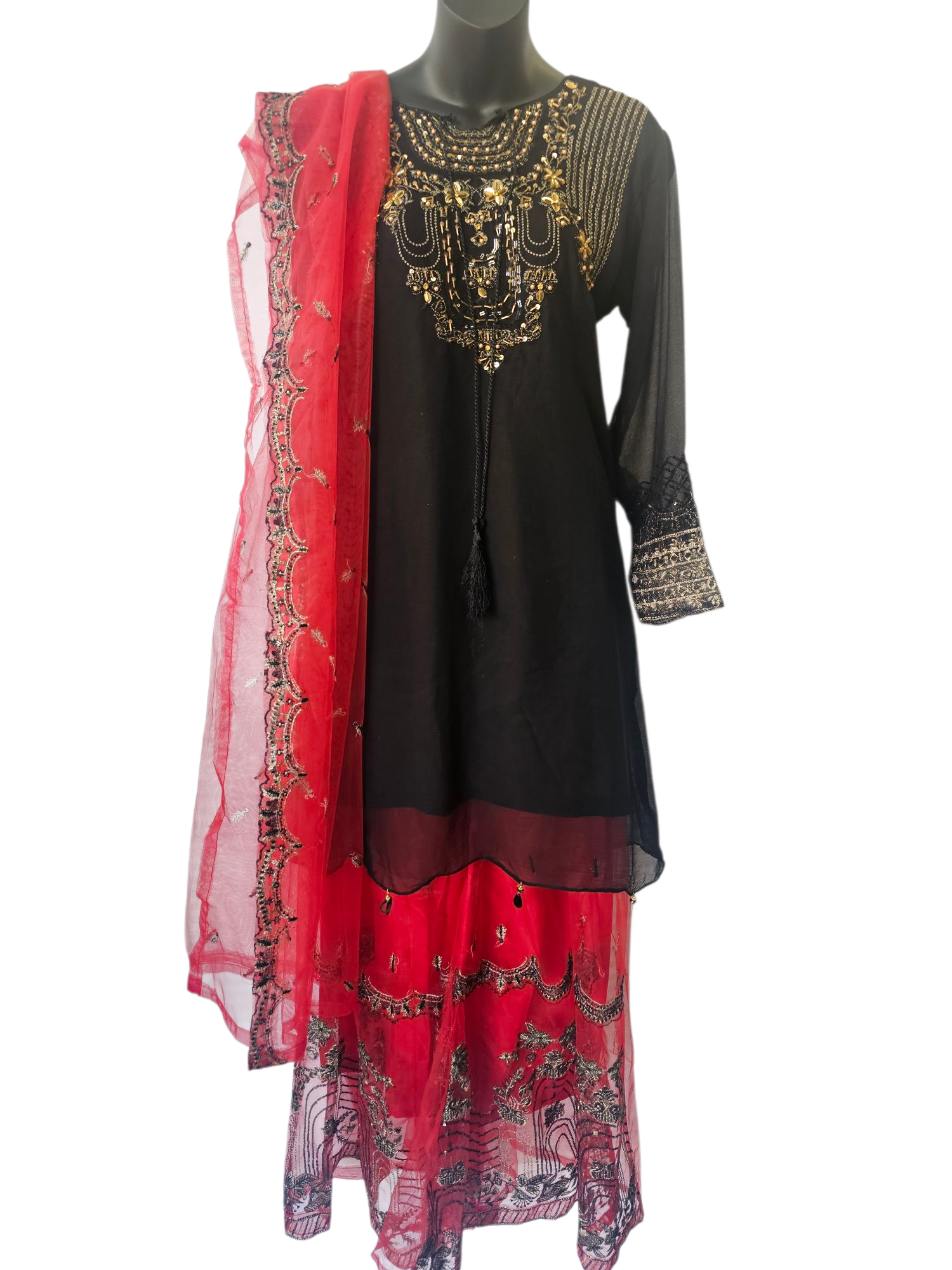 Luxury Net Embroidered 3-Piece Sharara Set with Handwork – RED and Black