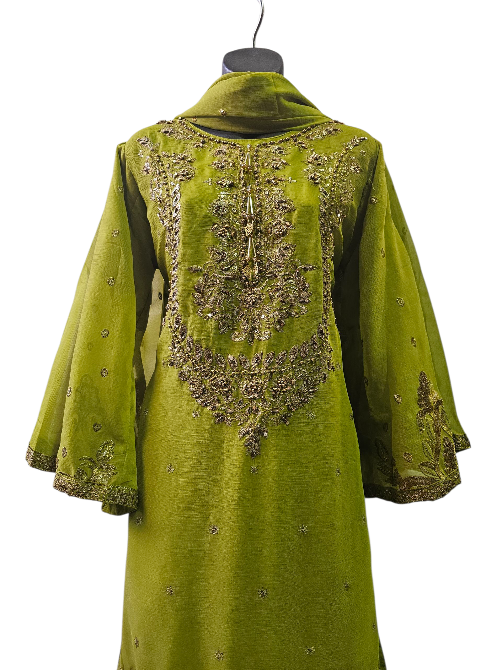 Second image of 3 Piece Stylish Palazzo Suit with Flare Sleeves – Pakistani Stitched Party Wear