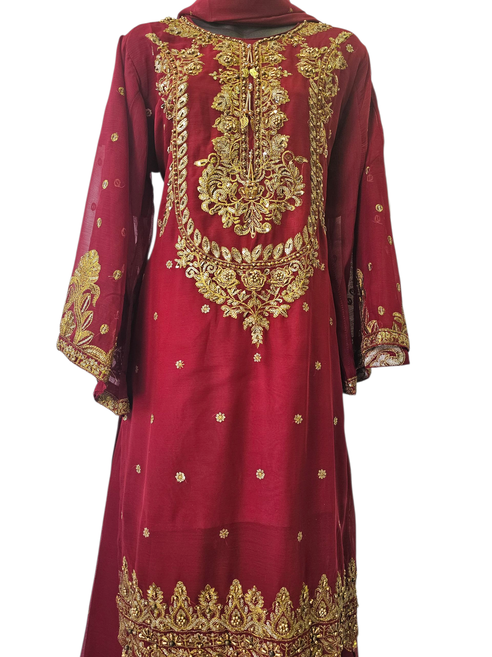 Second image of 3 Piece Stylish Palazzo Suit with Flare Sleeves – Pakistani Stitched Party Wear