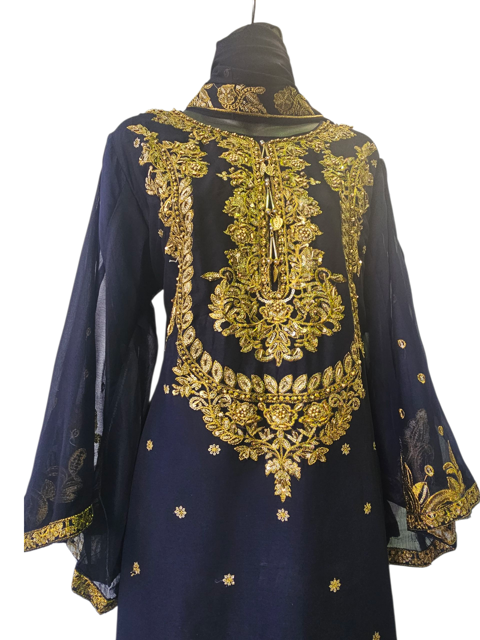 Second image of 3 Piece Stylish Palazzo Suit with Flare Sleeves – Pakistani Stitched Party Wear
