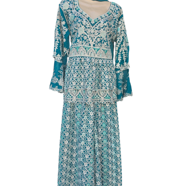 Heavy Embroidered Peplum Style 3-Piece Sharara Suit – Luxe Formal Ensemble