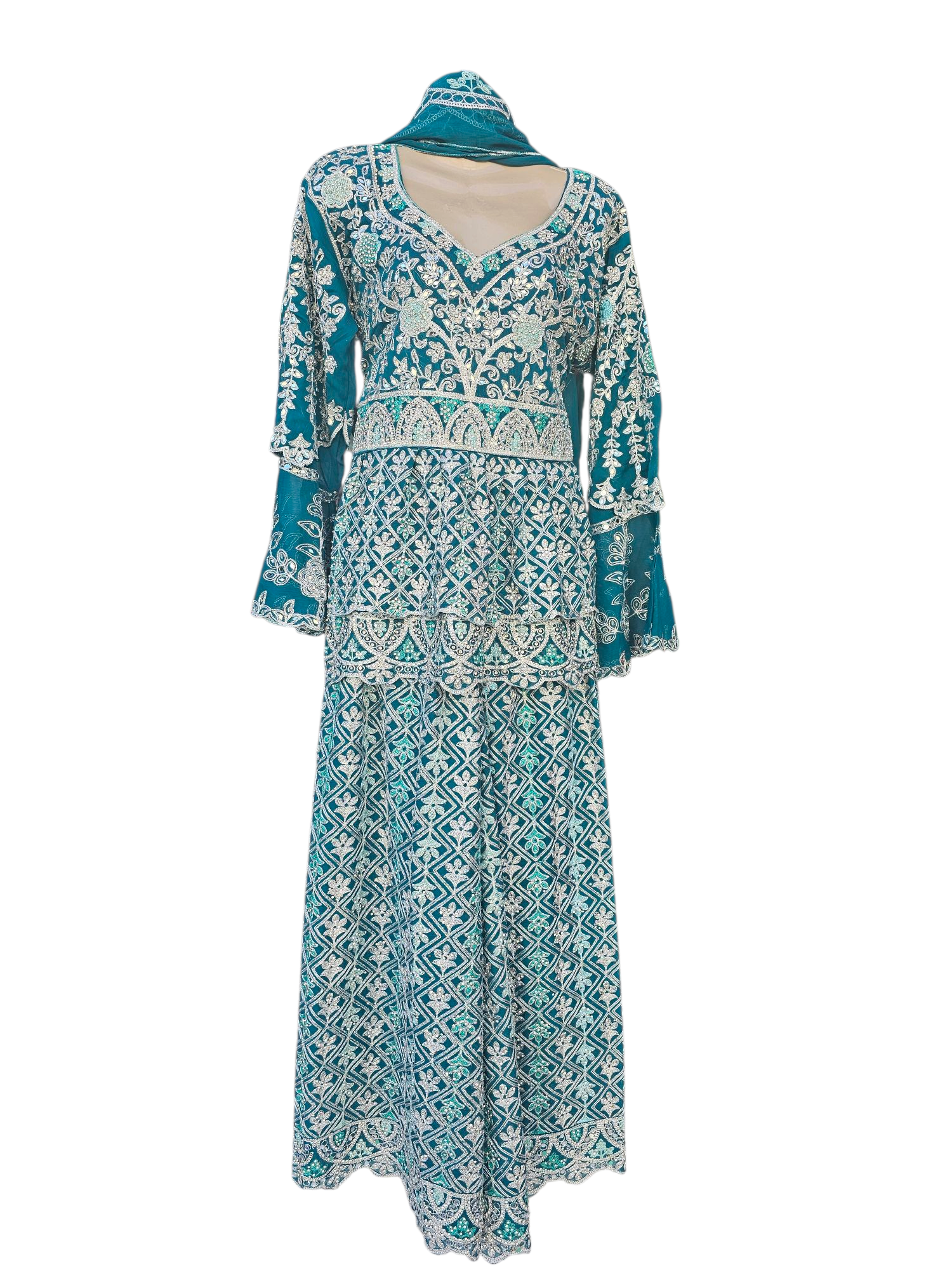 Heavy Embroidered Peplum Style 3-Piece Sharara Suit – Luxe Formal Ensemble