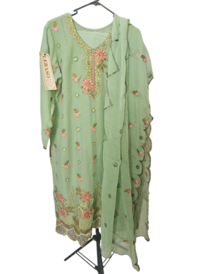 Mint Green Embroidered 3 Piece Suit – Pakistani Stitched Chiffon Dress with Dupatta