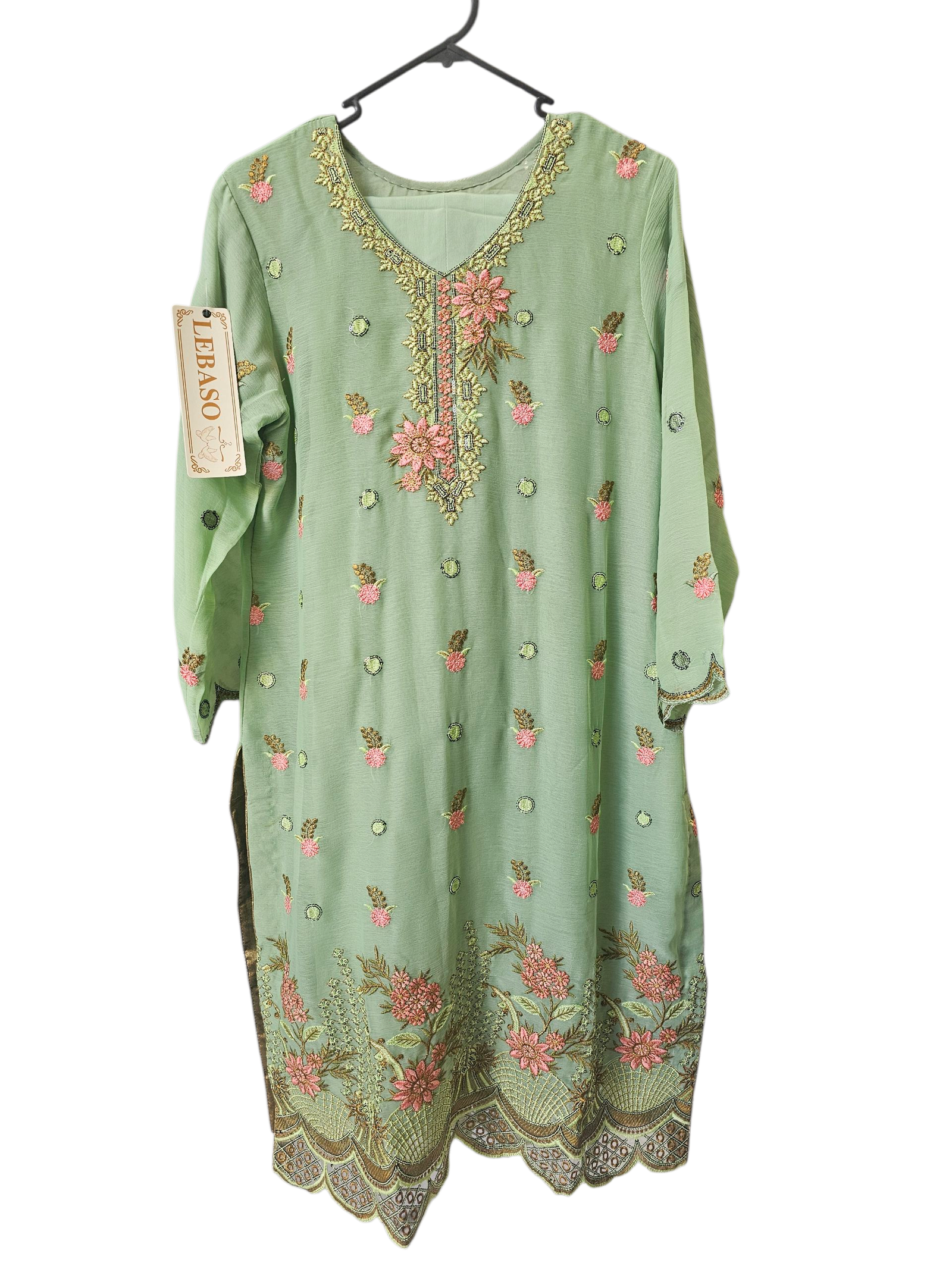 Second image of Mint Green Embroidered 3 Piece Suit – Pakistani Stitched Chiffon Dress with Dupatta