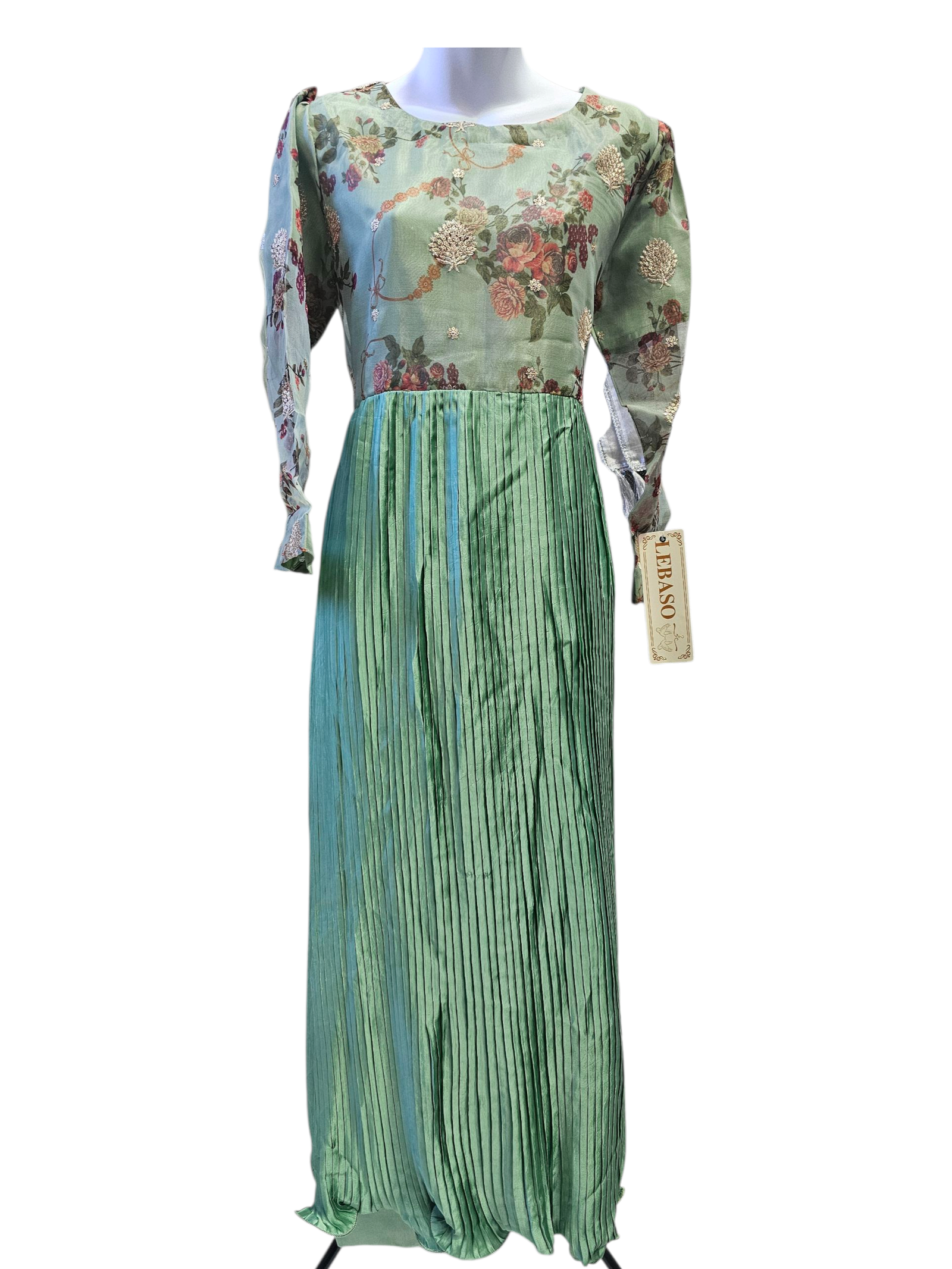 Floral & Pleated Anarkali Style Long Dress – Pakistani Fusion Party Wear